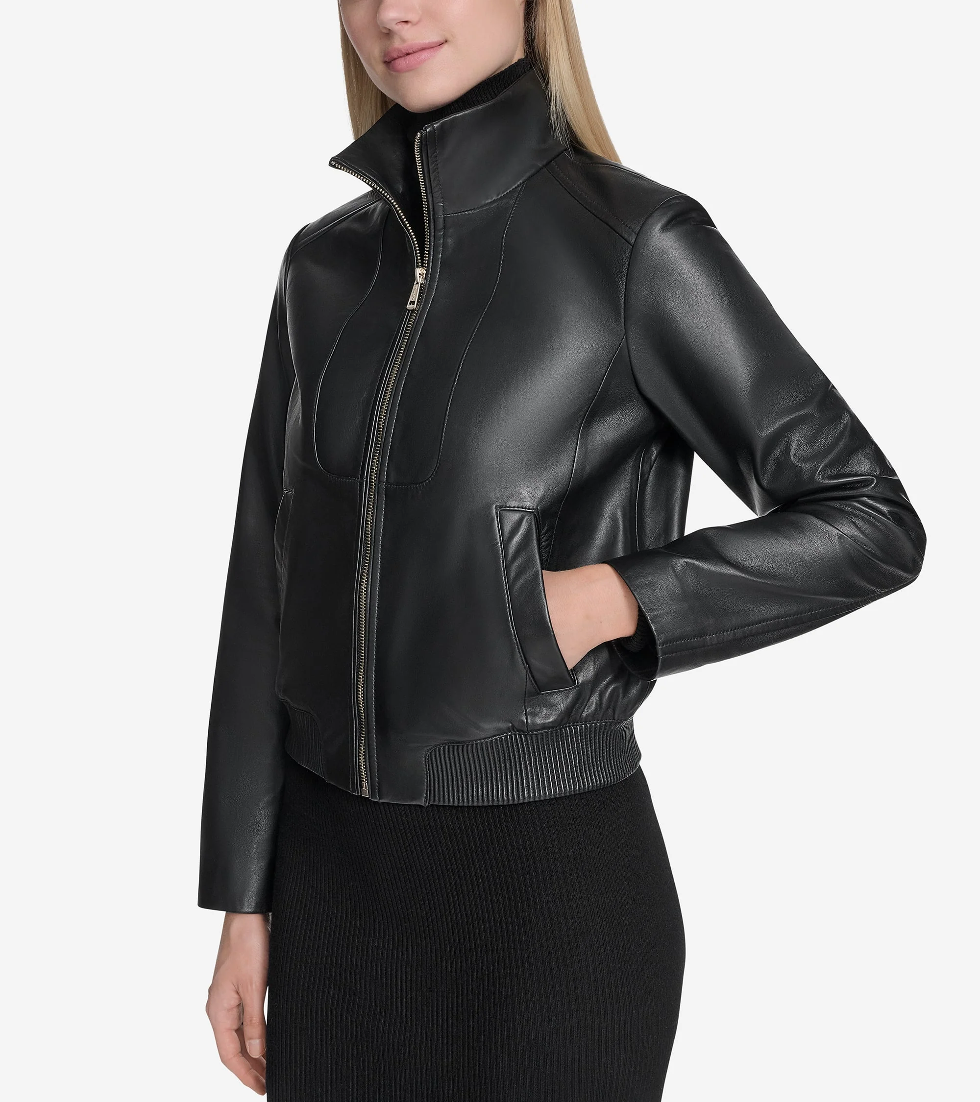 Women's Stand Collar Leather Bomber Jacket